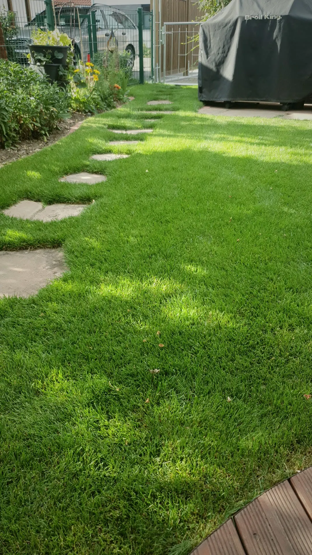 Rasenfläche mit Trittplattenweg und angrenzender Terrassenkante